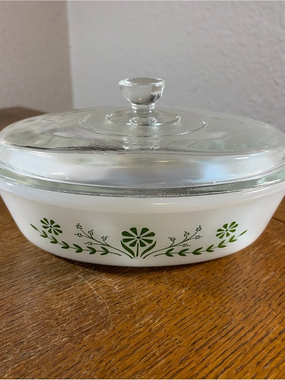 Vintage Glassbake Green Daisy oval casserole dish with lid J235 1 QT
